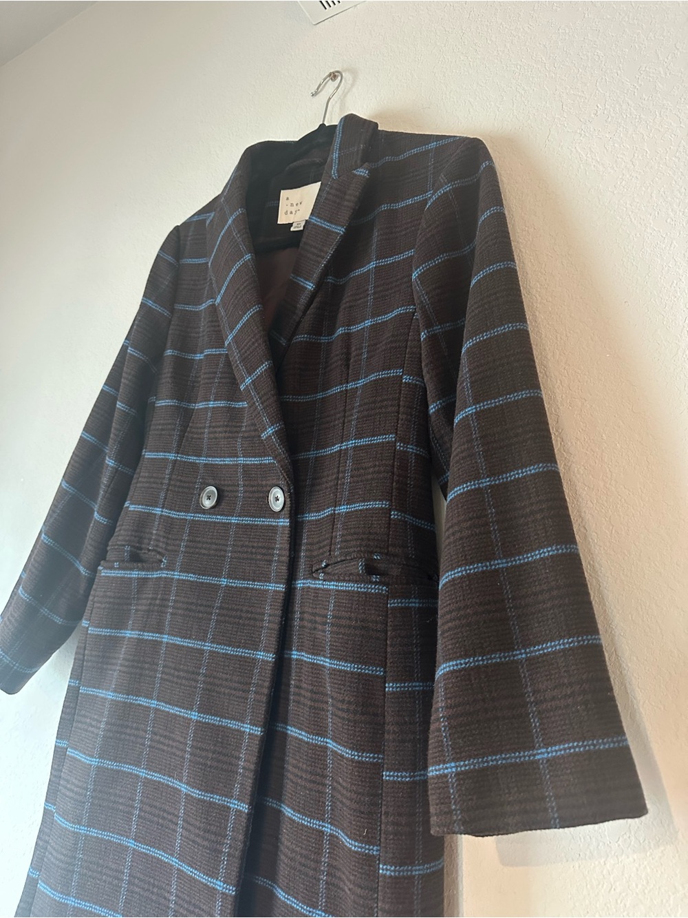 Brown and Blue Plaid Double-Breasted Wool Blend Coat Women’s size XS